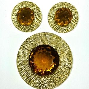 KAFIN Brooch & Clip Earrings Set Topaz Gold Vtg Estate Fashion Jewelry N19